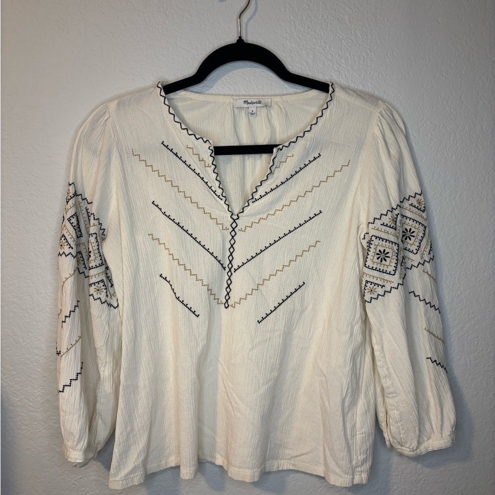 Madewell Cream Peasant Blouse with Navy & Tan Embroidery